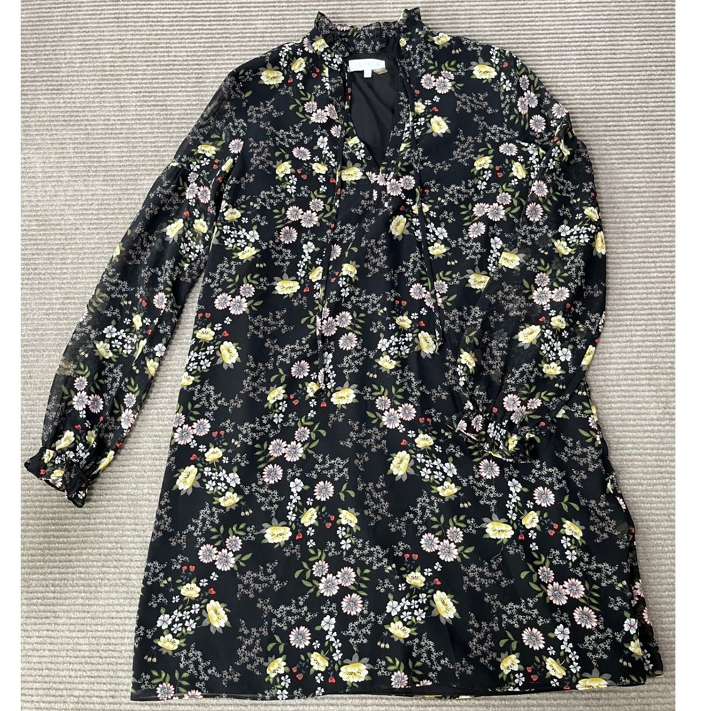 1.STATE Womens Black Floral Long Sleeve Ruffle Neck Tie Shift Mini Dress XS